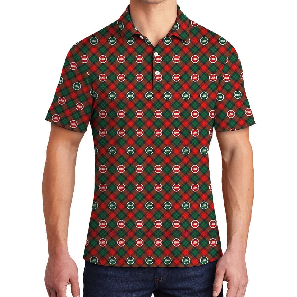 Christmas Plaid Custom Logo Red Polo Shirt