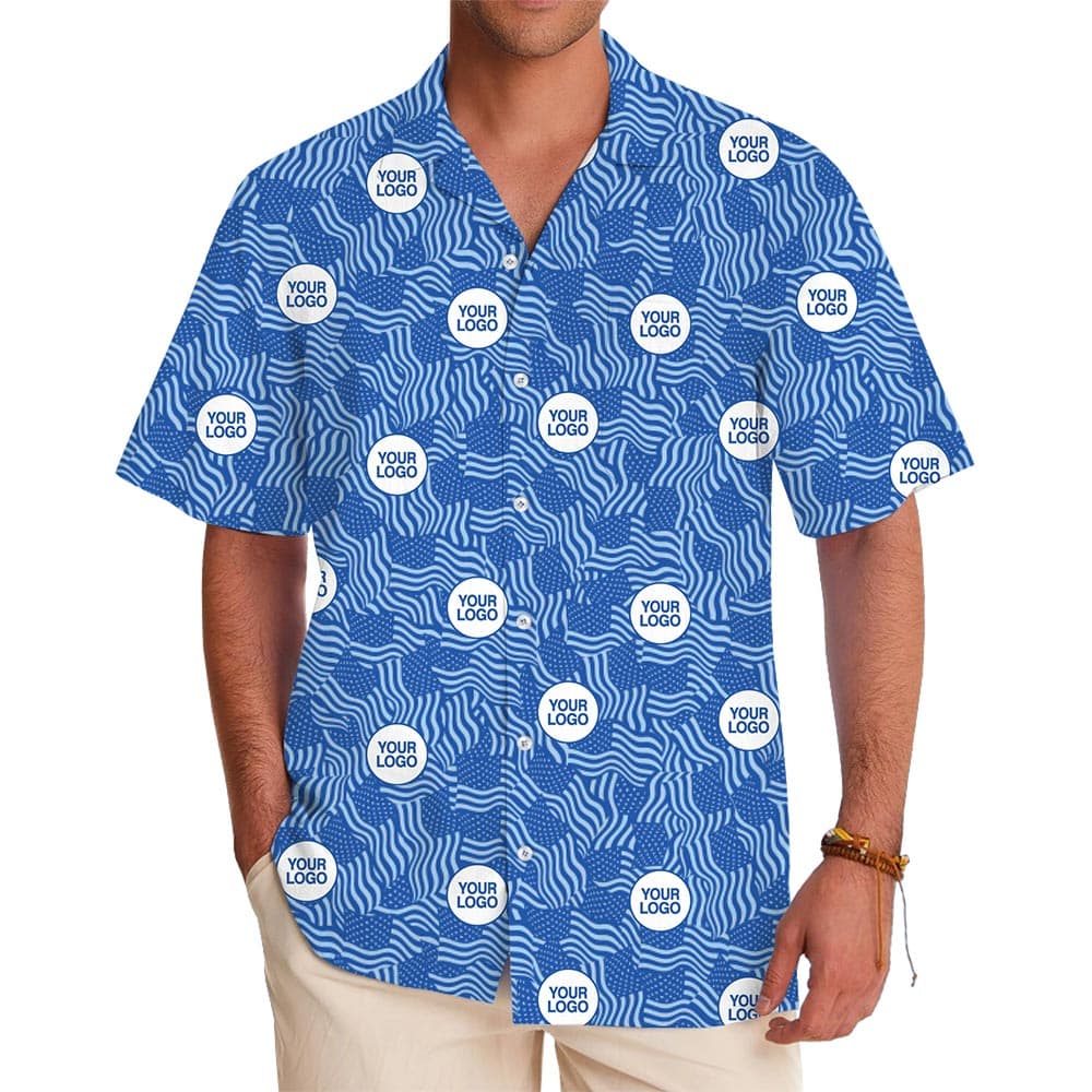 Custom Blue American Flag Hawaiian Shirt with Logo – Patriotic Wave Pattern with Instant Preview
