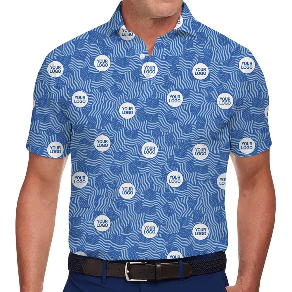 Custom Blue American Flag Polo Shirt with Logo