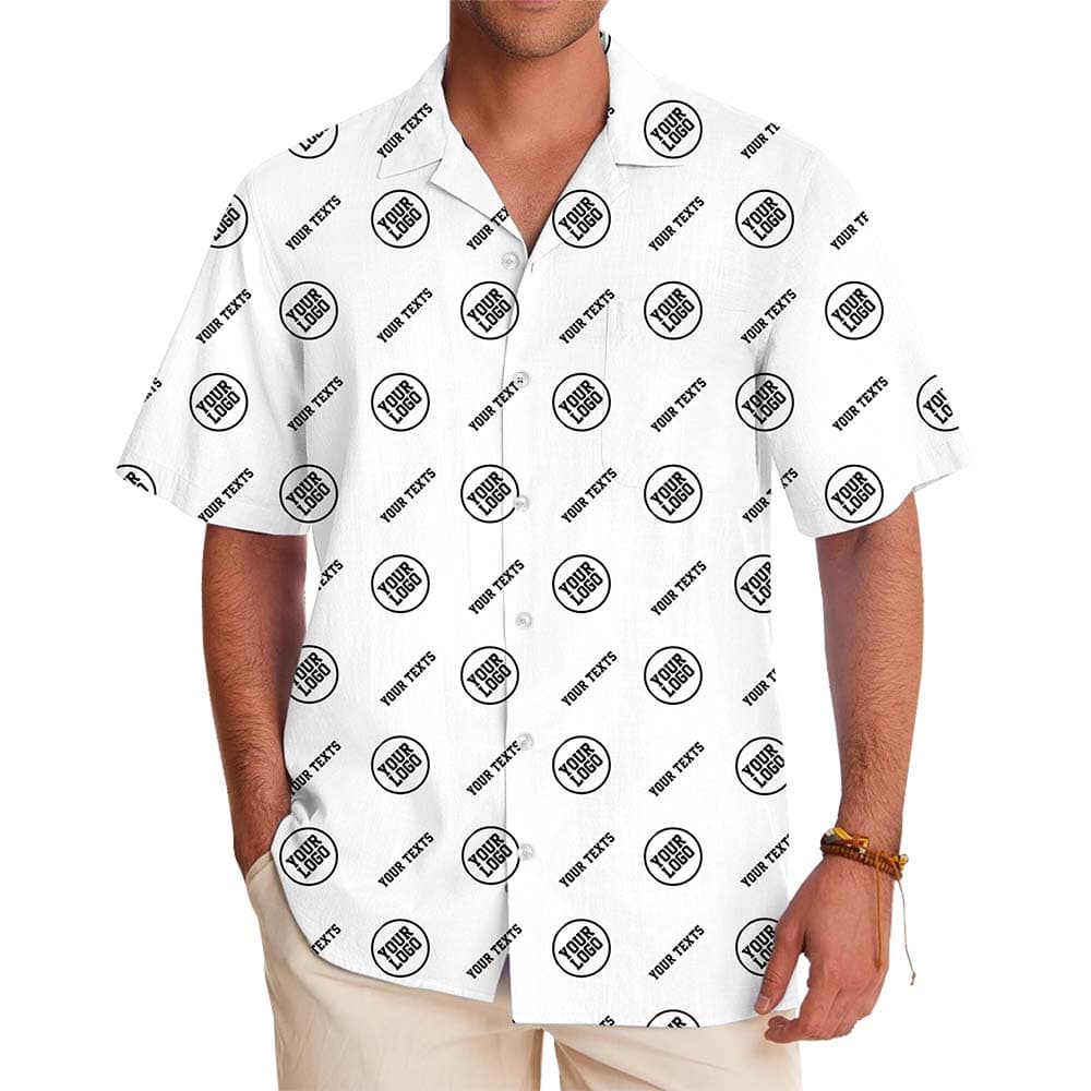 Model in Custom Button Up Short Sleeve Shirts With Logo And Text