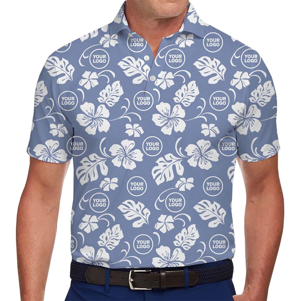 Model in Hibiscus Custom Polo Shirts With Logo No Minimum