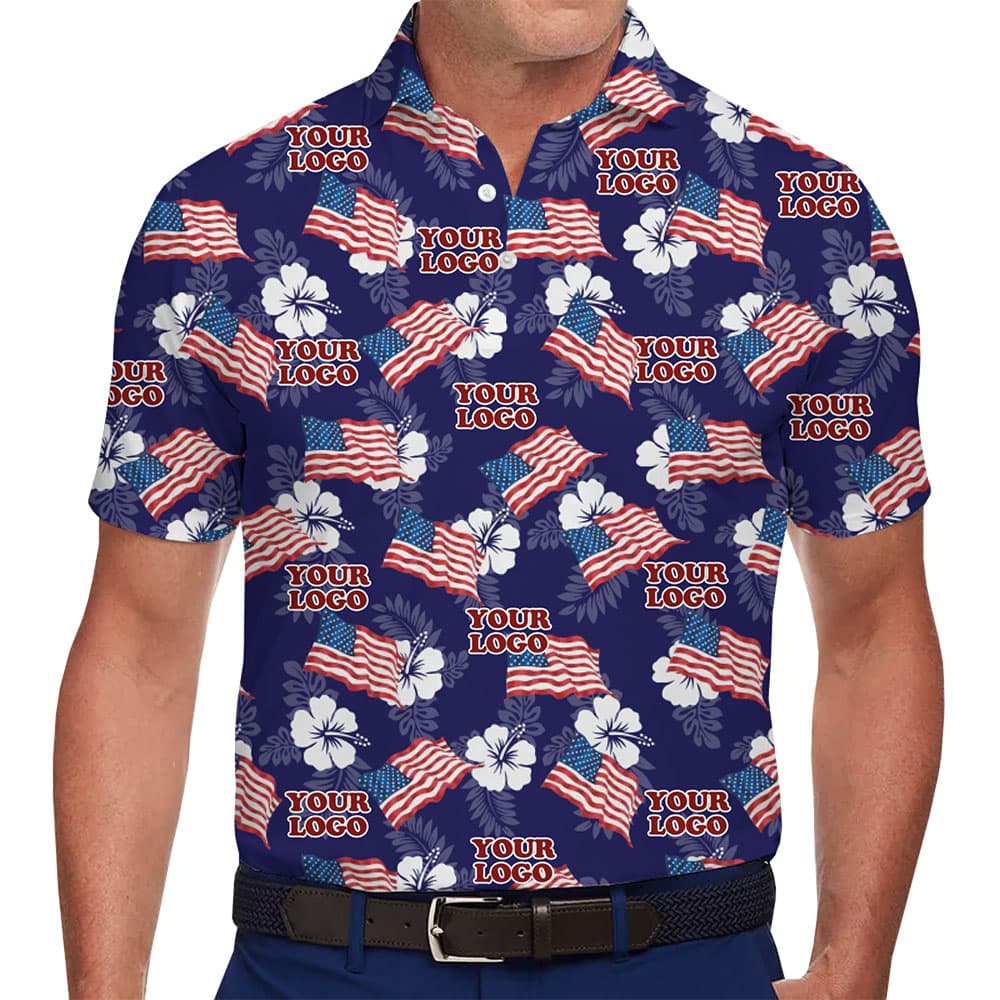 American Pride Hibiscus Collared Polo Shirt With Custom Logo