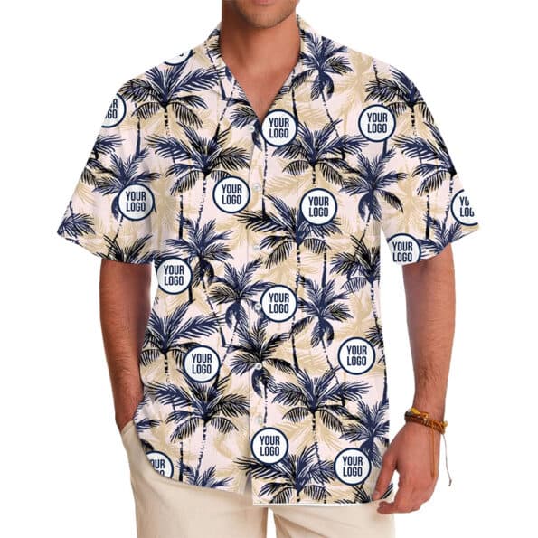 Beige Palm Leaf Hawaiian Shirt With Custom Logo in model