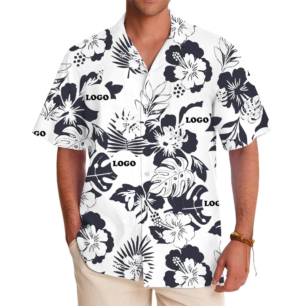 Black and White Aloha Shirt with Custom Logo and Unisex Tropical Vibe