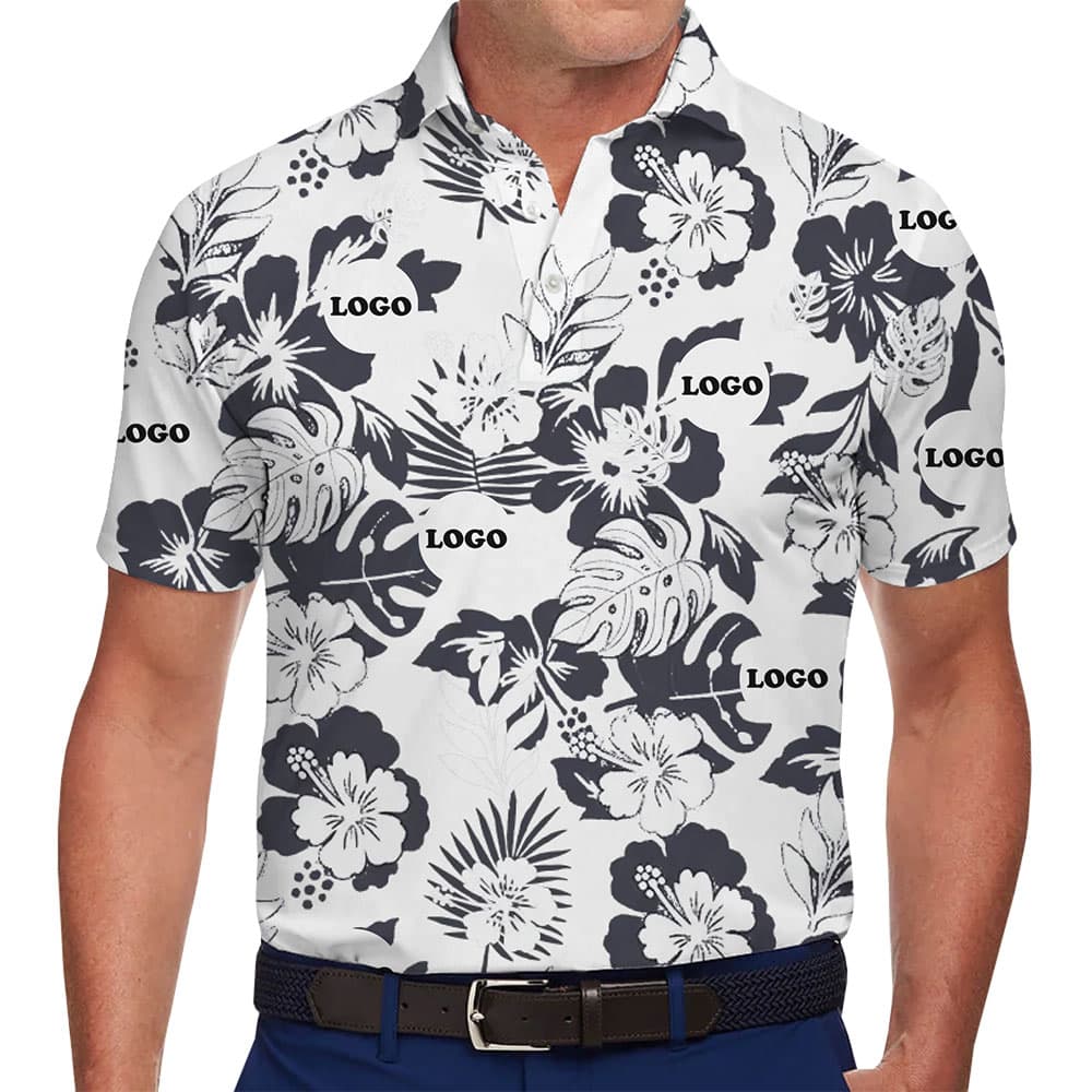 Black and White Logo Polo โ Tropical Print for Team & Business Wear
