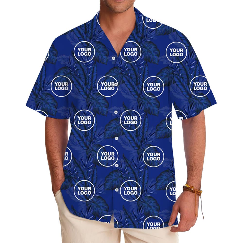 Bold Blue Custom Hawaiian Shirt with Full Logo Placement
