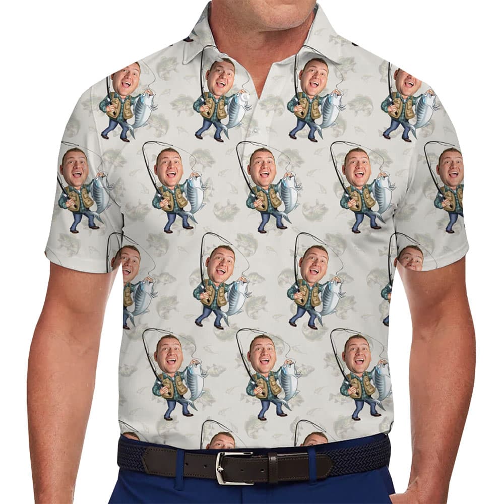 Custom Face funny fishing Polo shirt Live Preview in model