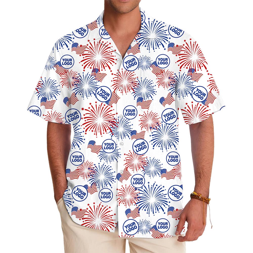 Custom Fourth Of July Hawaiian Shirt With Company Logo in model