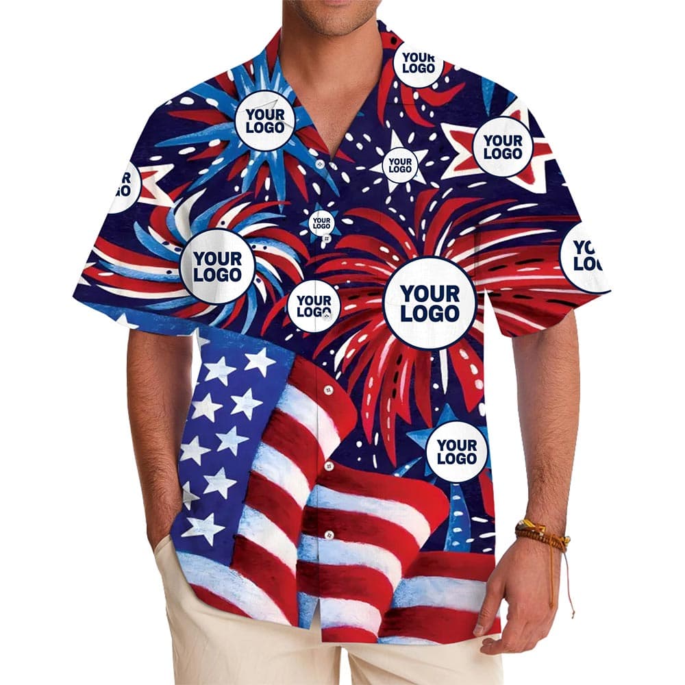 Custom Logo Button-Up 4th of July Hawaiian Shirt
