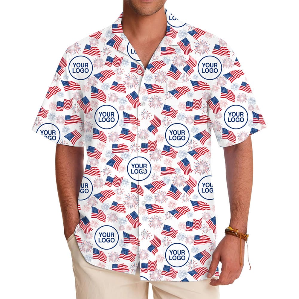 Custom Patriotic Hawaiian Shirt With Logo American Flag Print in model