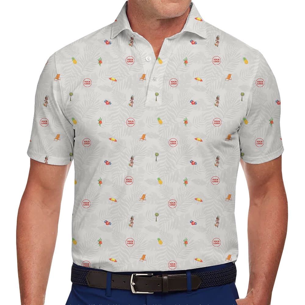 Custom Polo Shirt with All-Over Tropical Print and Logo Option 1