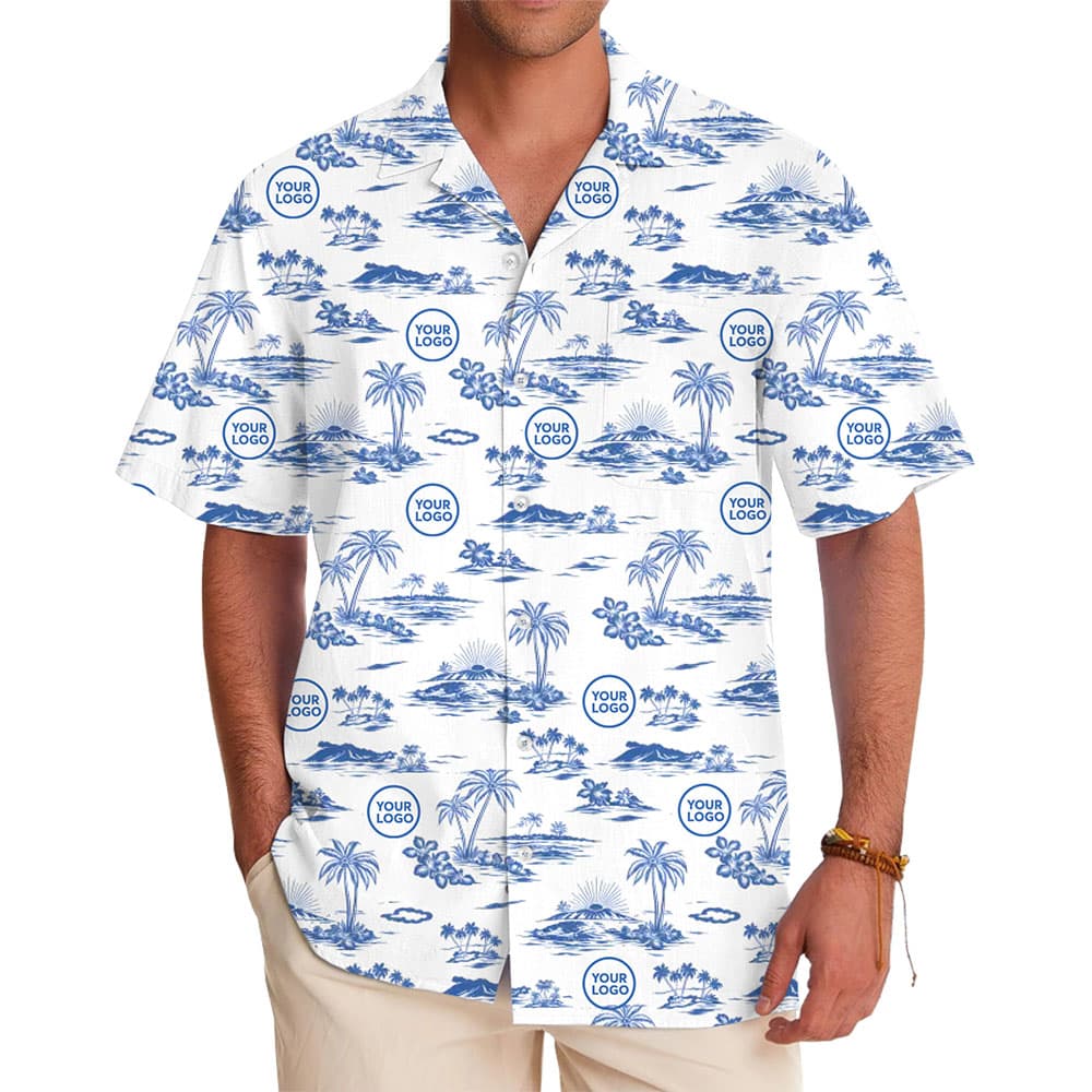Custom Tropical Aloha Shirt with Repeating Logo Live Preview in model