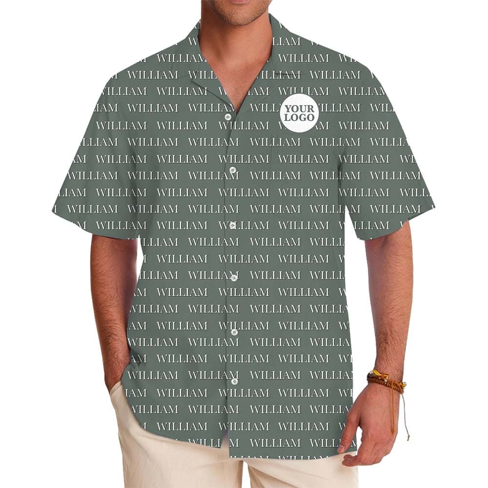 Model in All Over Print Hawaiian Shirt With Instant Custom Name And Logo
