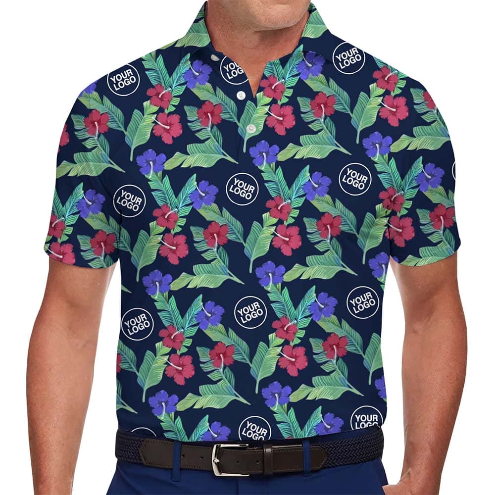 Model in Classic Navy Hibiscus Hawaiian Polo Shirts With Custom Logo And Color