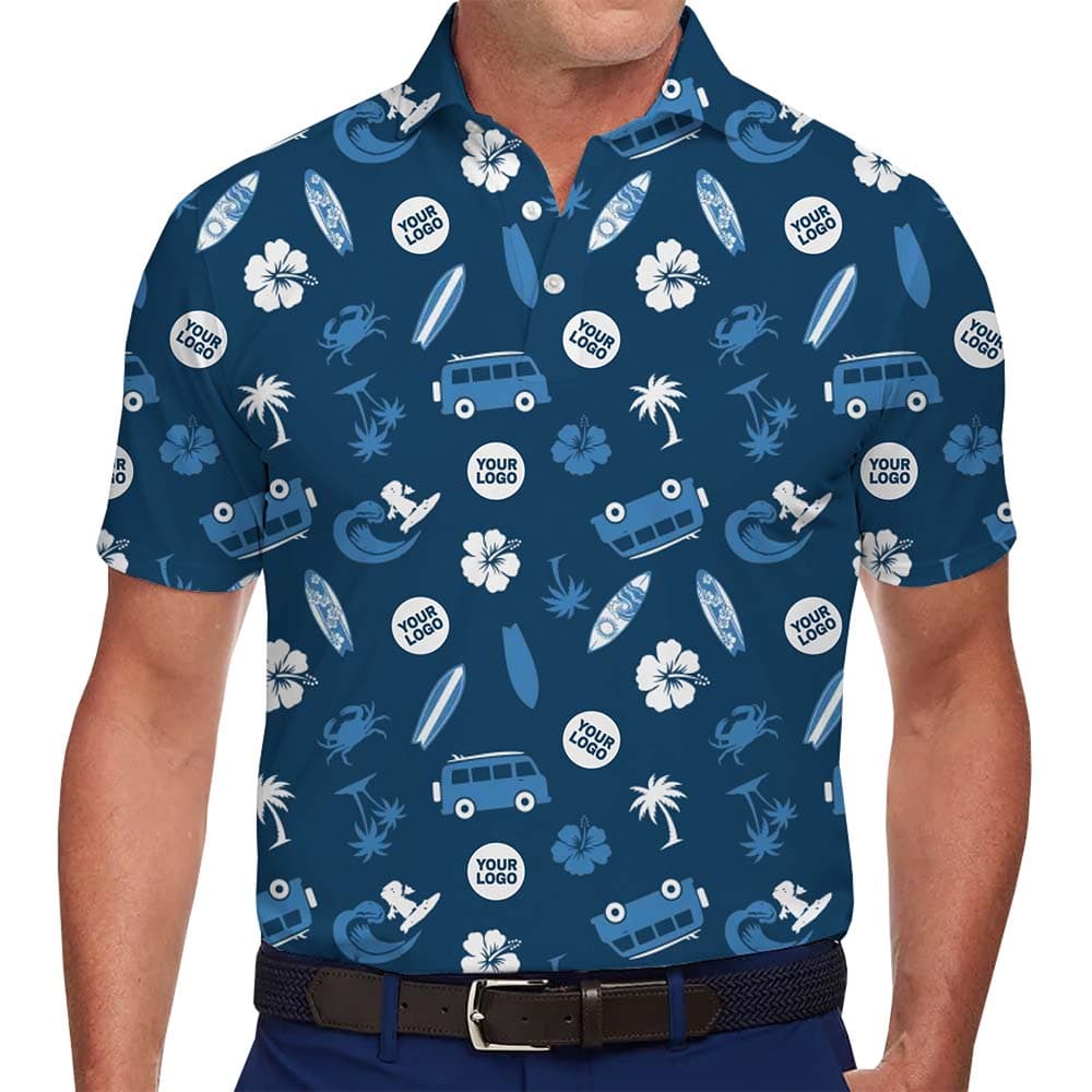 Model in Custom Blue Beach Polo Shirts With Instant Preview