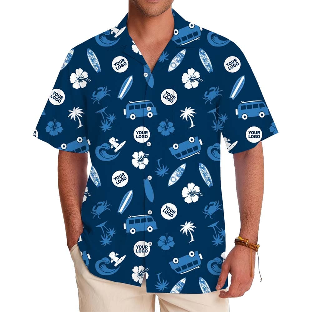 Model in Custom Blue Beach Shirts With Instant Preview