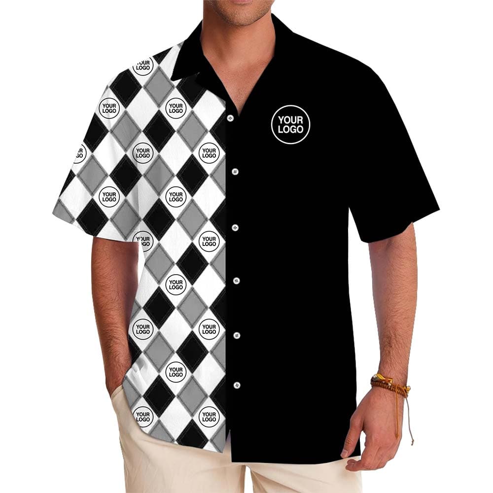 Model in Custom Checkered Hawaiian Shirt With Logo