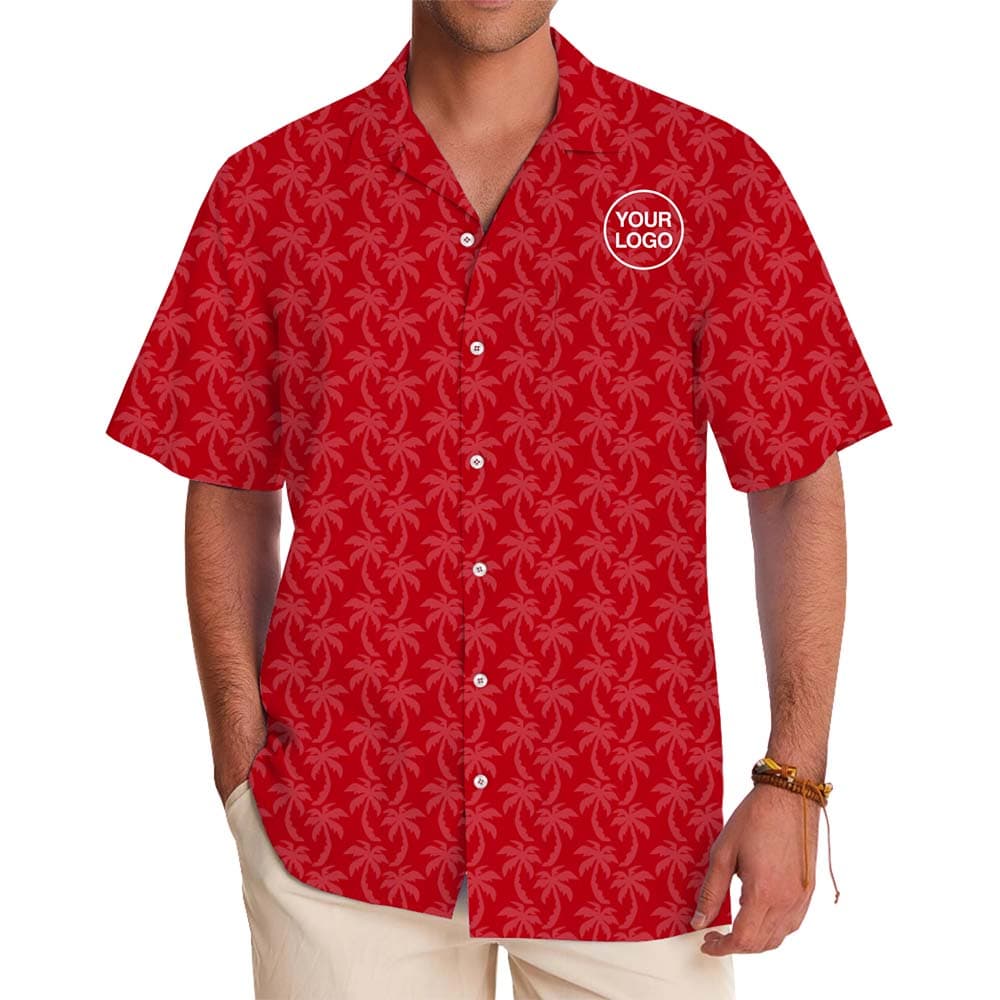 Model in Custom Coconut Tree Hawaiian Shirt With Two Logo Styles