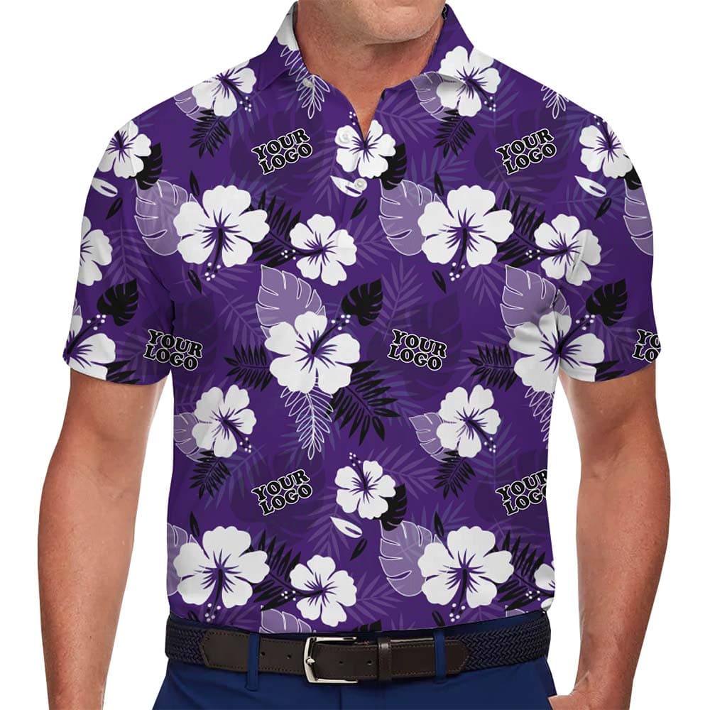 Model in Custom Floral Print Polo Shirt In Purple With Instant Preview
