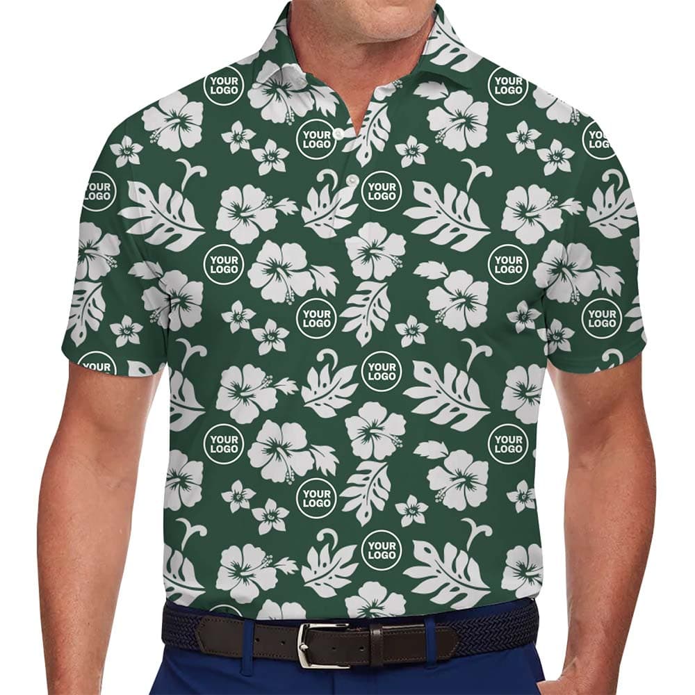 Model in Custom Green Hibiscus Flower Polo Shirts With Photo