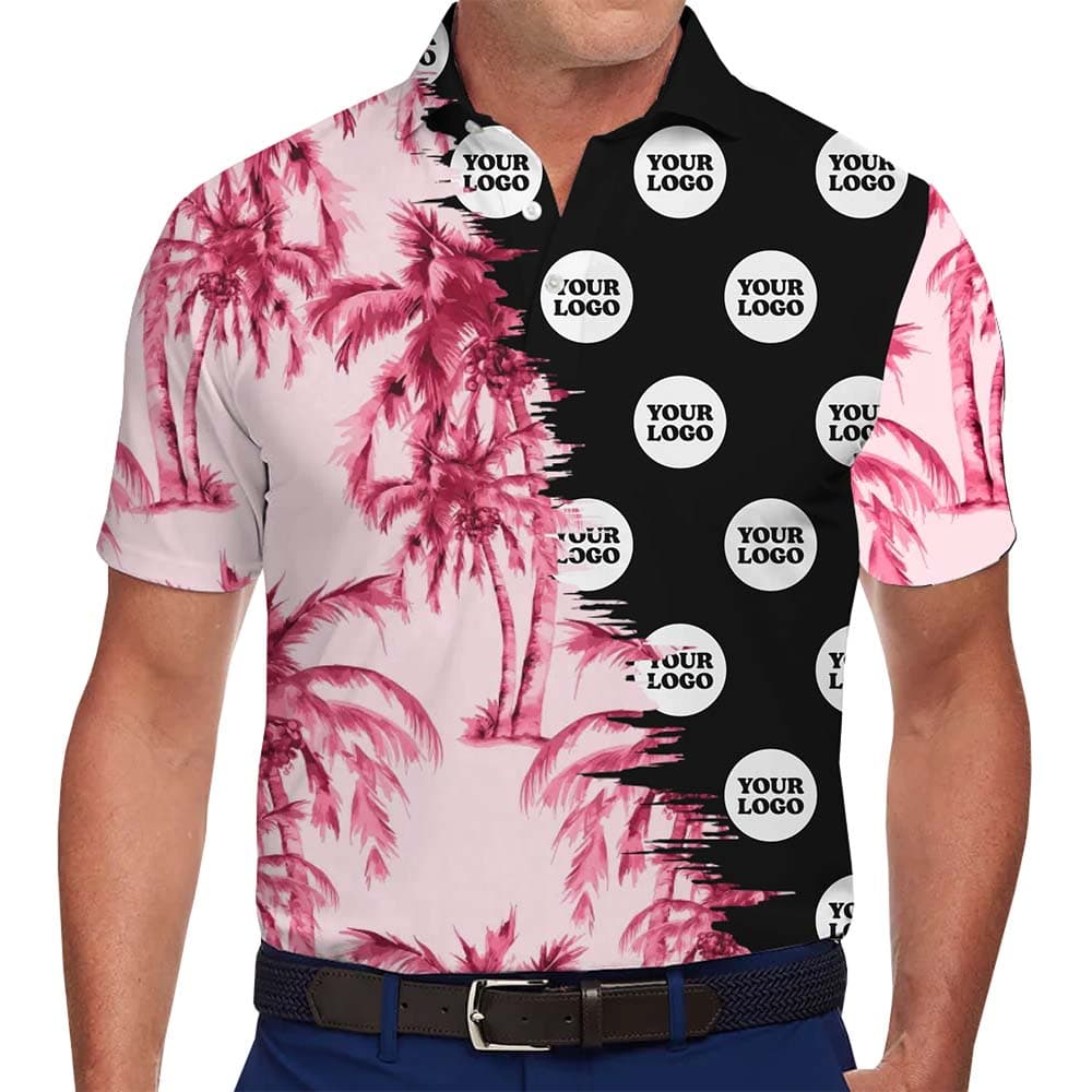 Model in Custom Pink Palm Tree Golf Polo With Logo