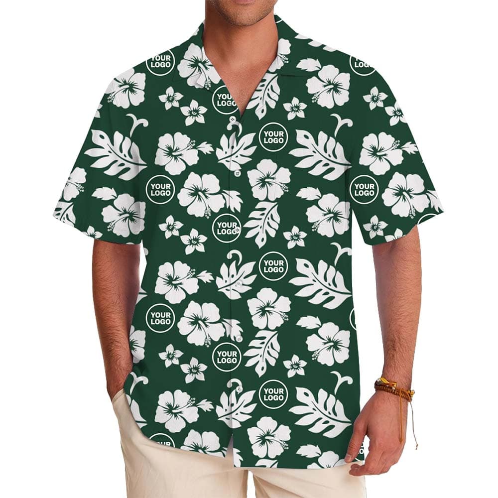 Model in Green Hibiscus Flower Shirt With Custom Photo