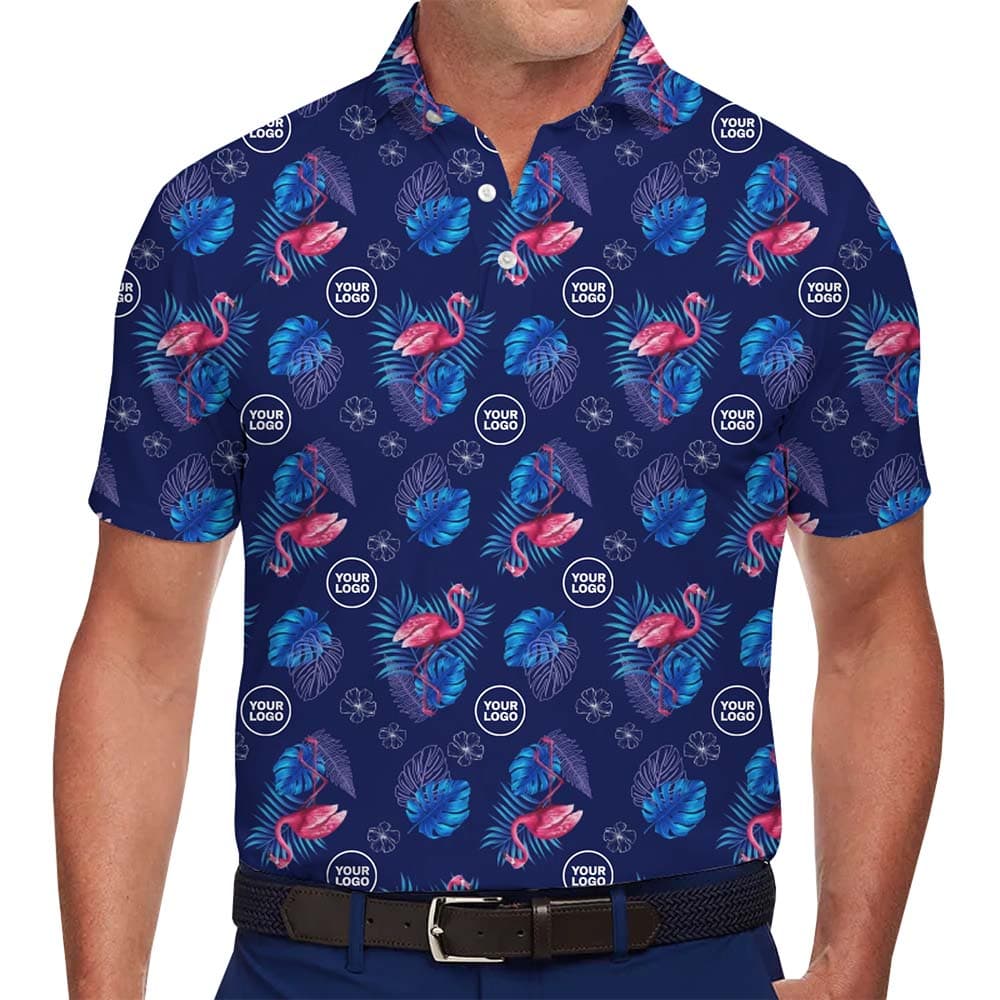 Model in Navy Mens Flamingo Polo Shirt With Custom Logo