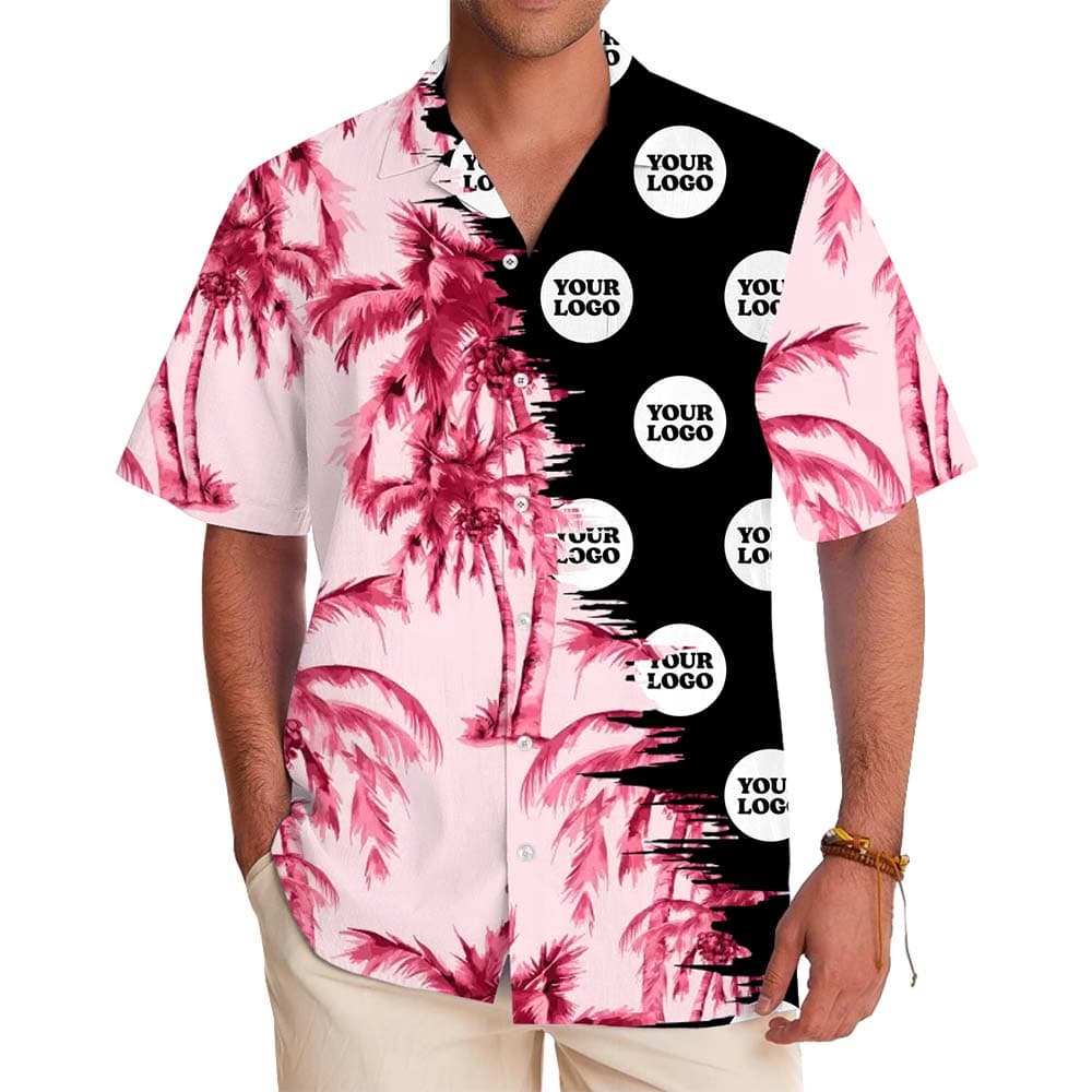 Model in Pink Palm Tree Custom Hawaiian Shirts With Logo