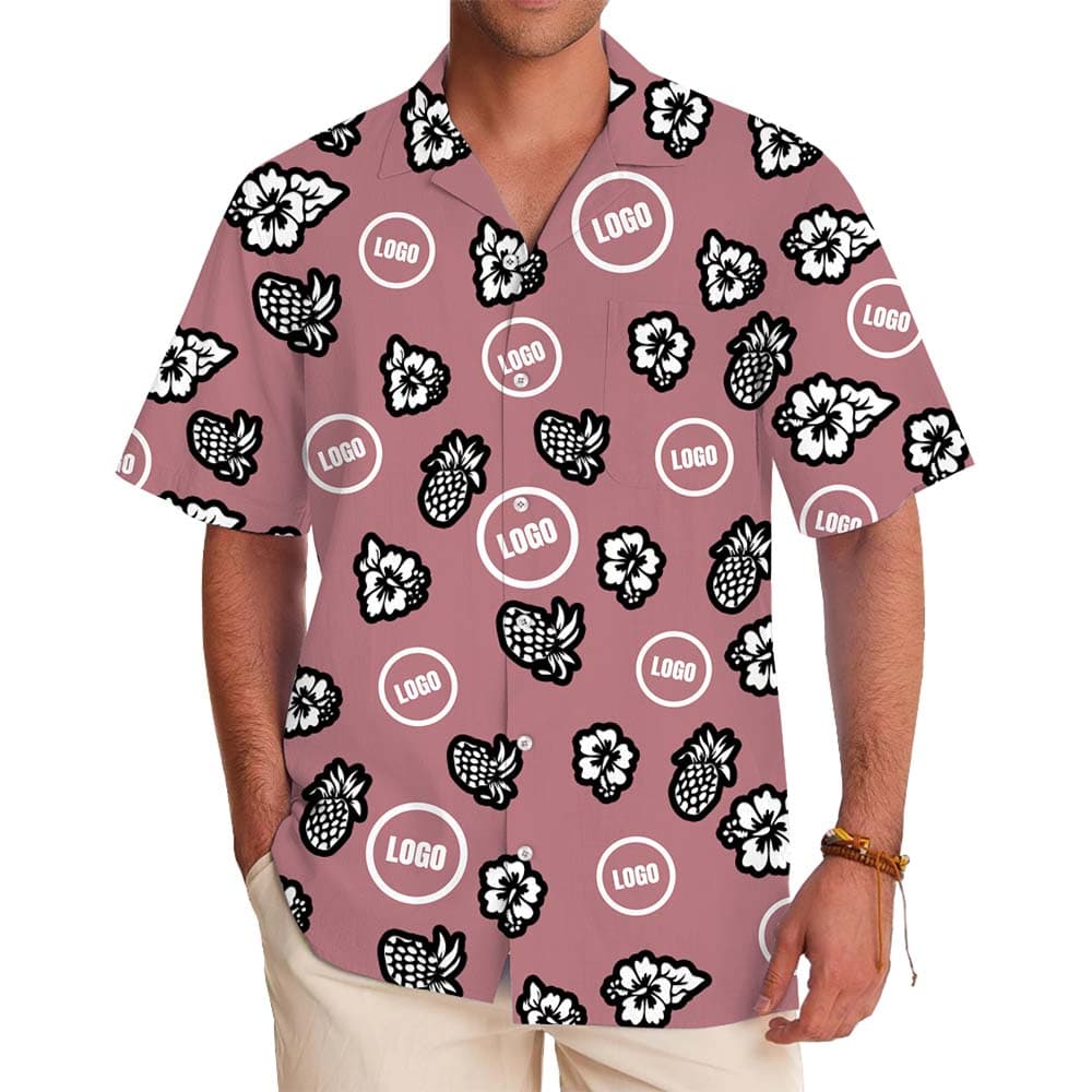 Model in Pink Pineapple Hawaiian Shirt With Custom Logo