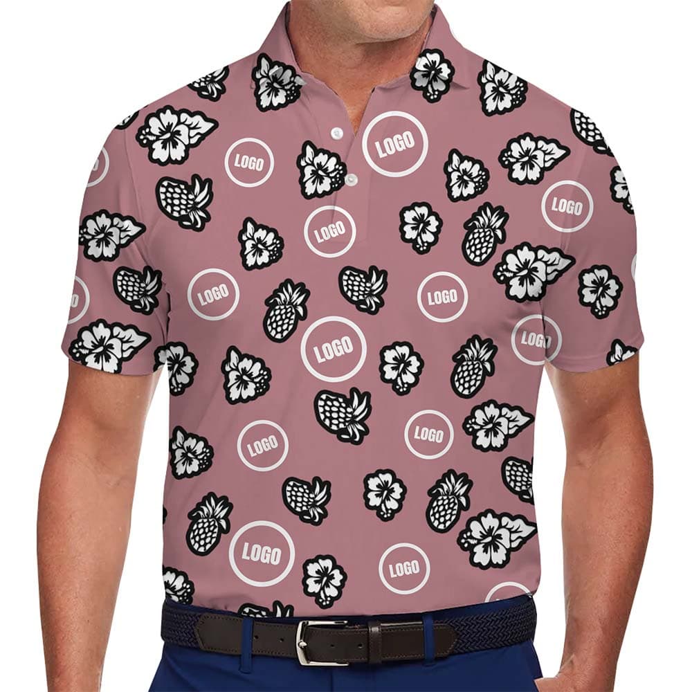 Model in Plus Size Pink Polo Shirt With Pineapple Print And Custom Logo