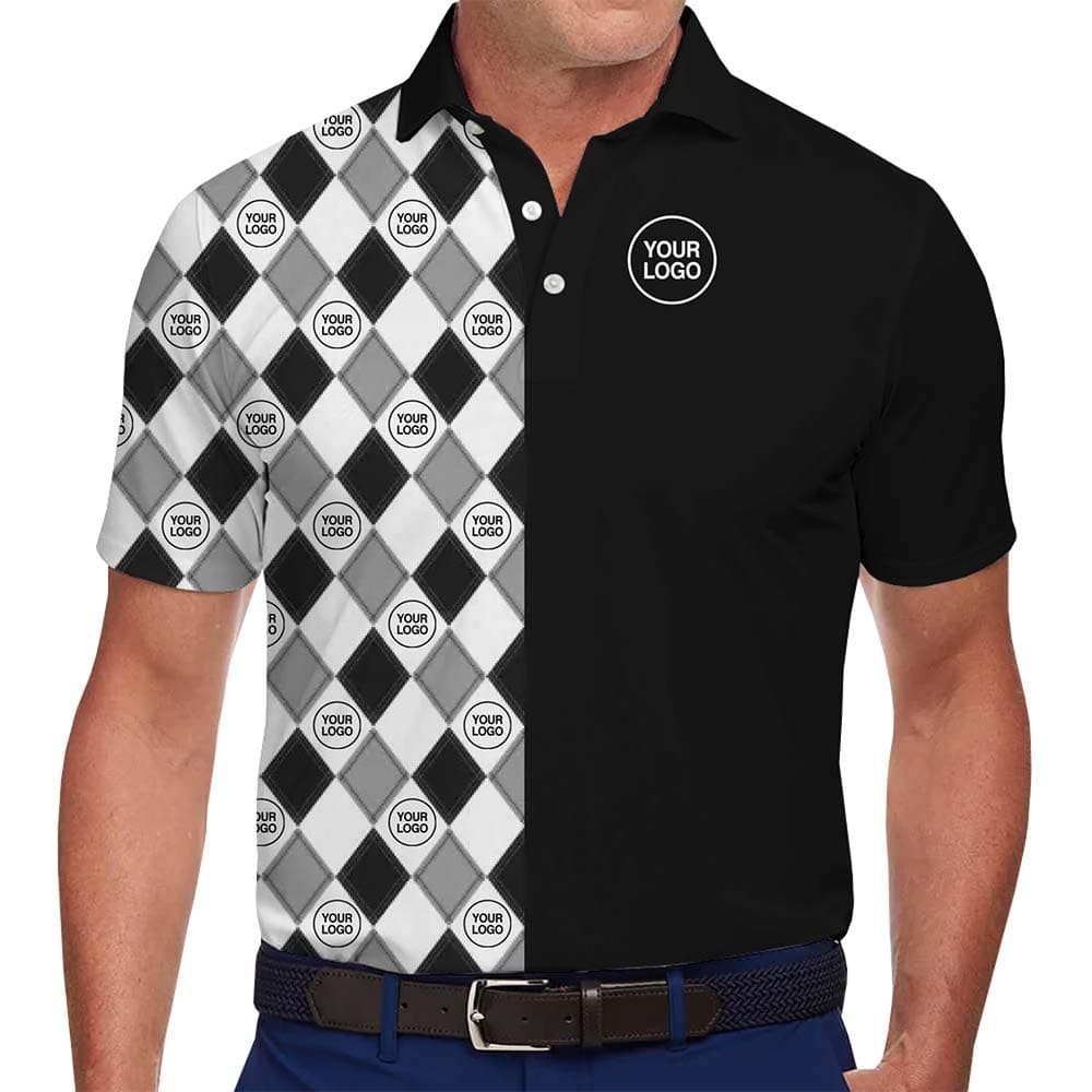 Model in custom checkered polo shirt with logo