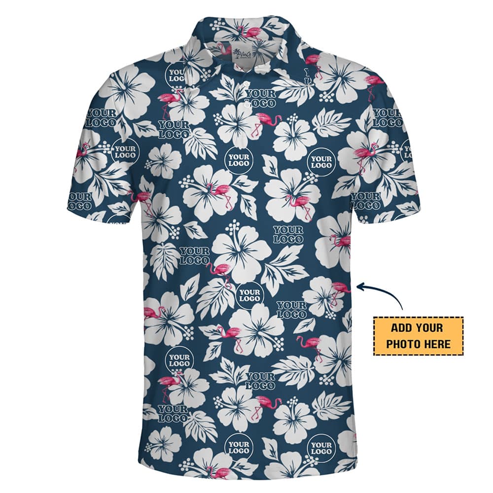Personalized Tropical Flamingo Print Polo Shirt With Custom Logo