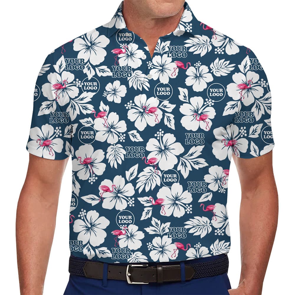 Personalized Tropical Flamingo Print Polo Shirt With Custom Logo