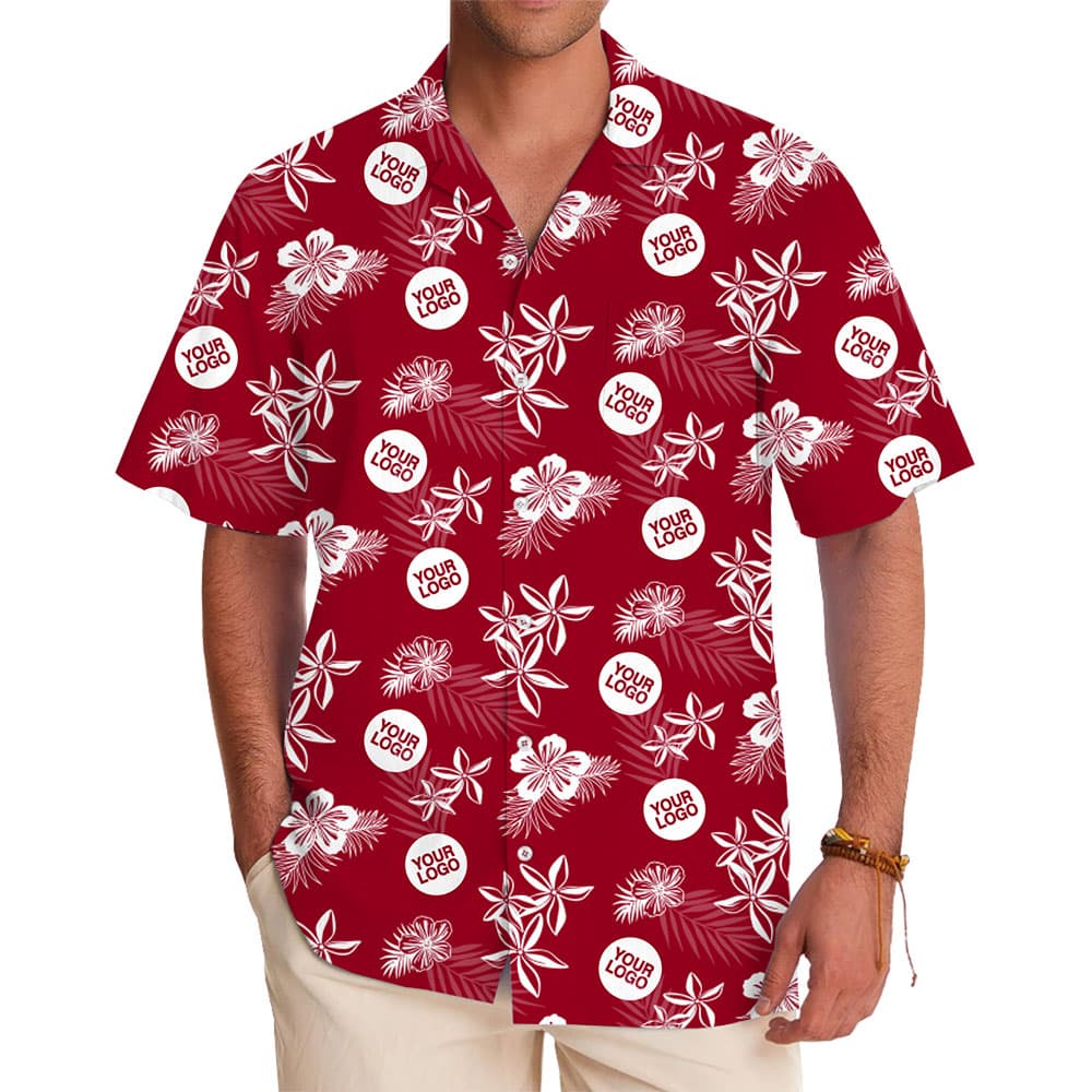 Red Tropical Button-Up with Repeating Business Logo