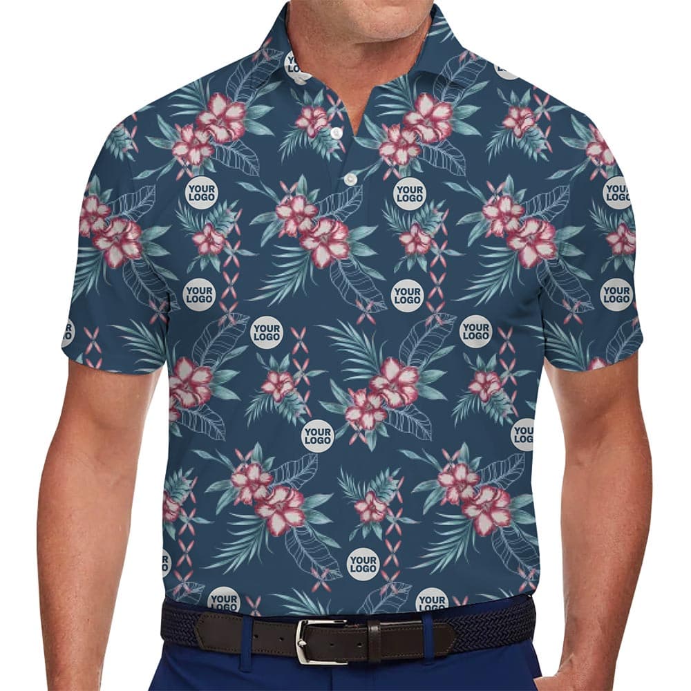 Team Polo Shirt with Tropical Flowers โ Custom Logo Event Apparel with Live Preview 1