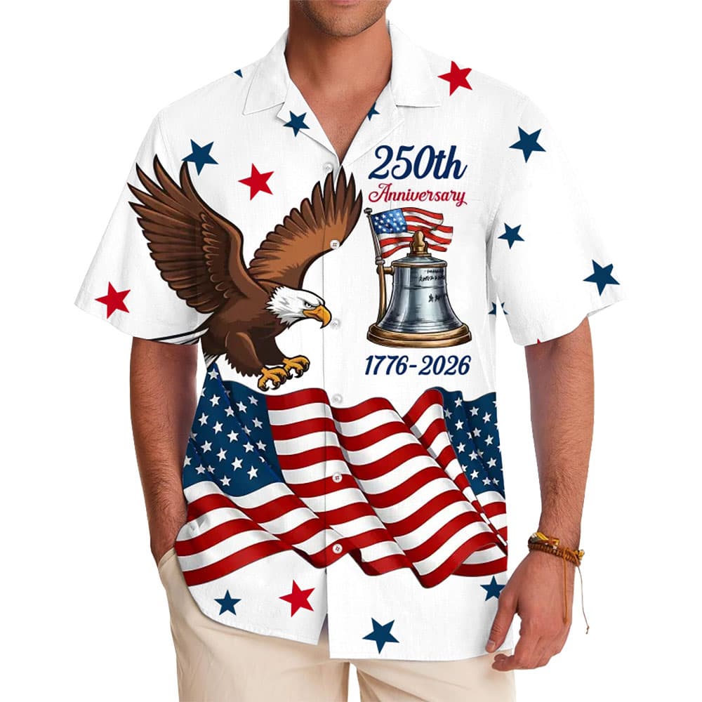 Bold Patriotic Hawaiian Shirt with Liberty Bell and Flag Design 1