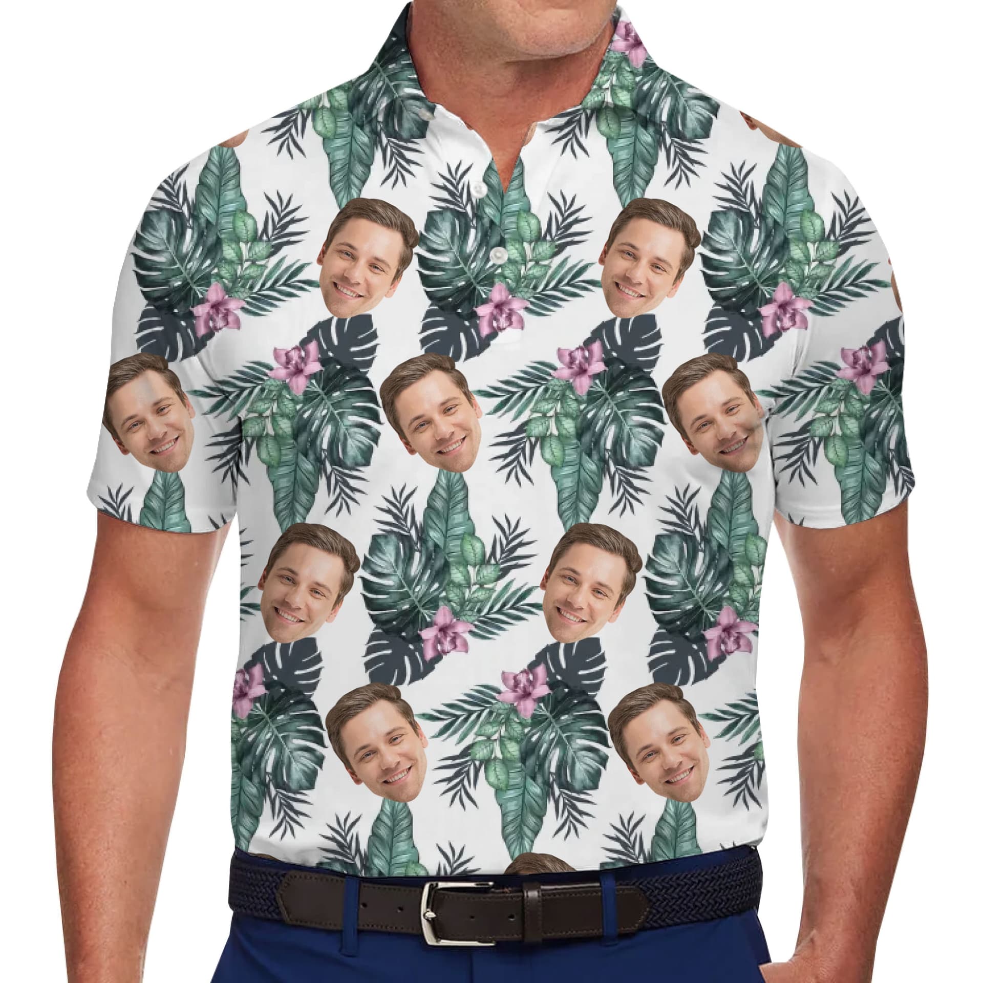 Botanical Theme Hawaiian Polo Shirt with Custom Face in model