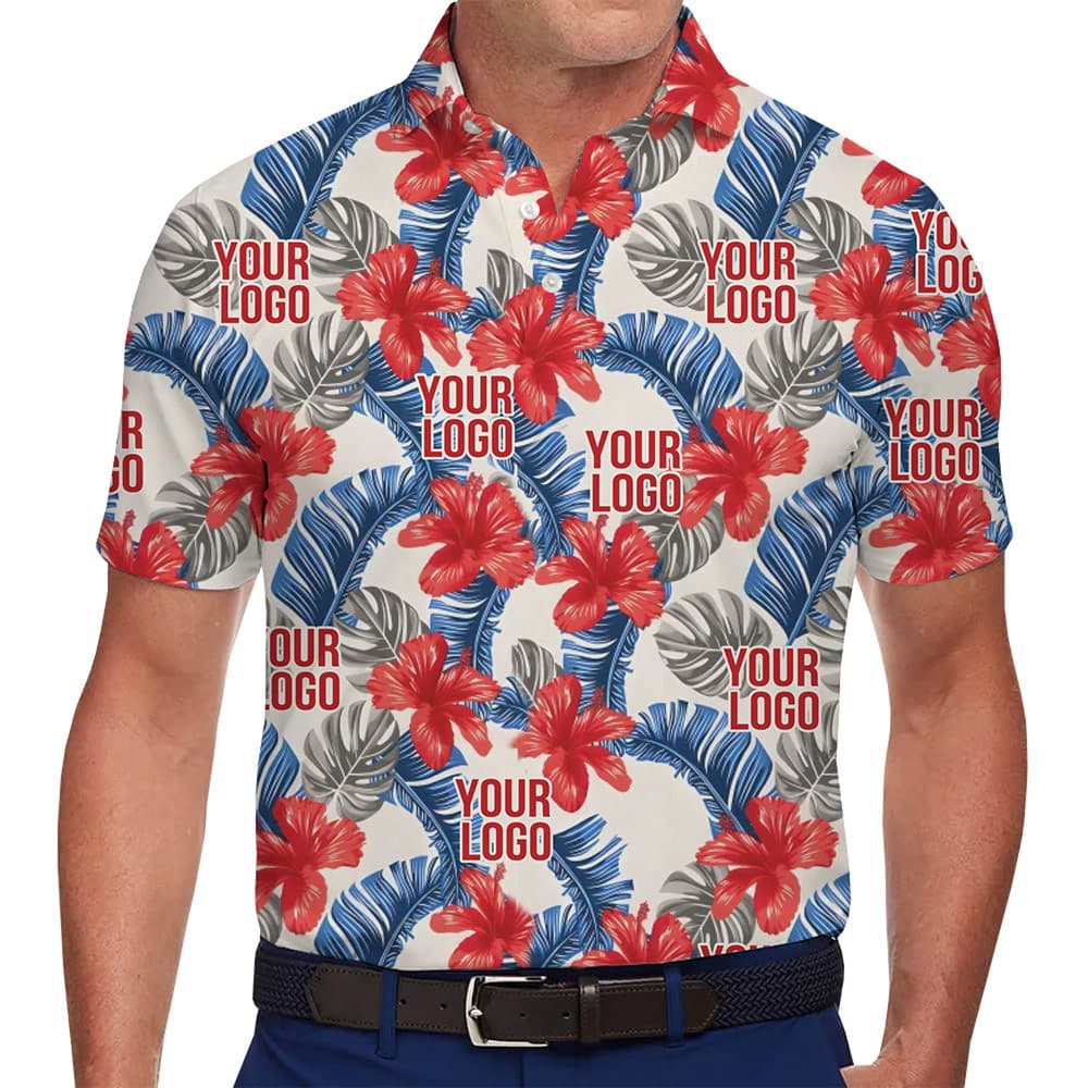 Company Logo Floral Polo Shirt Red Blue