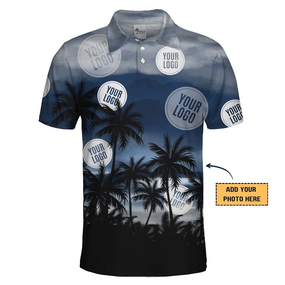 Custom Blue Polo Shirts With Palm Tree And Instant Preview