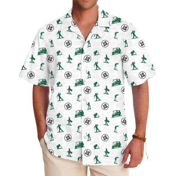 Custom Golf-Themed Hawaiian Shirt with All-Over Logo Print In Model