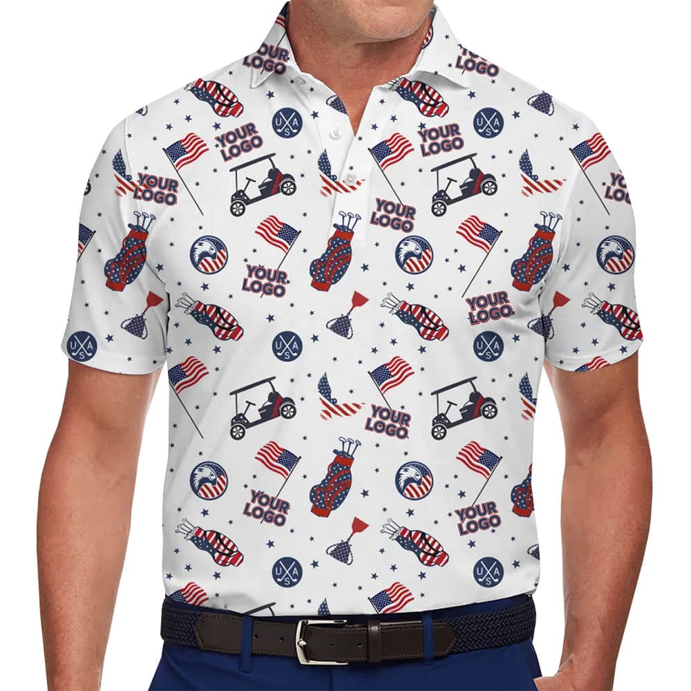 Custom Independence Day Golf Themed Polo Shirt in model