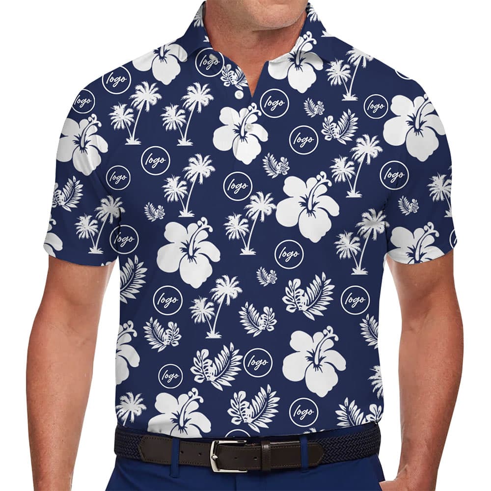 Custom Logo Hawaiian Polo Shirt with Hibiscus and Palm Design 1