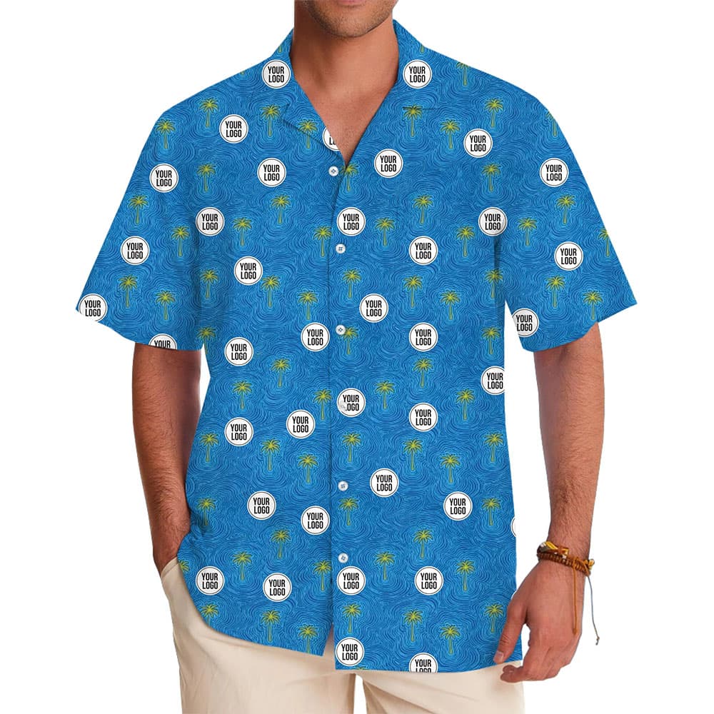 Custom Logo Hawaiian Shirt with Palm Tree and Wave Pattern in model