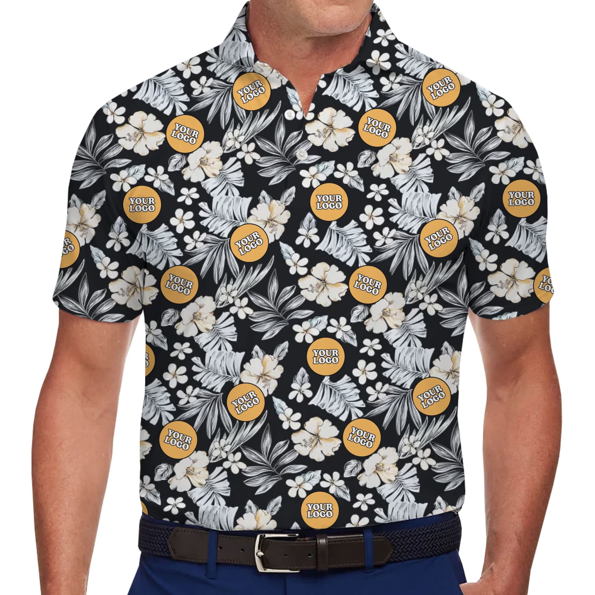 Custom Logo Midnight Bloom Hawaiian Polo Shirt in model