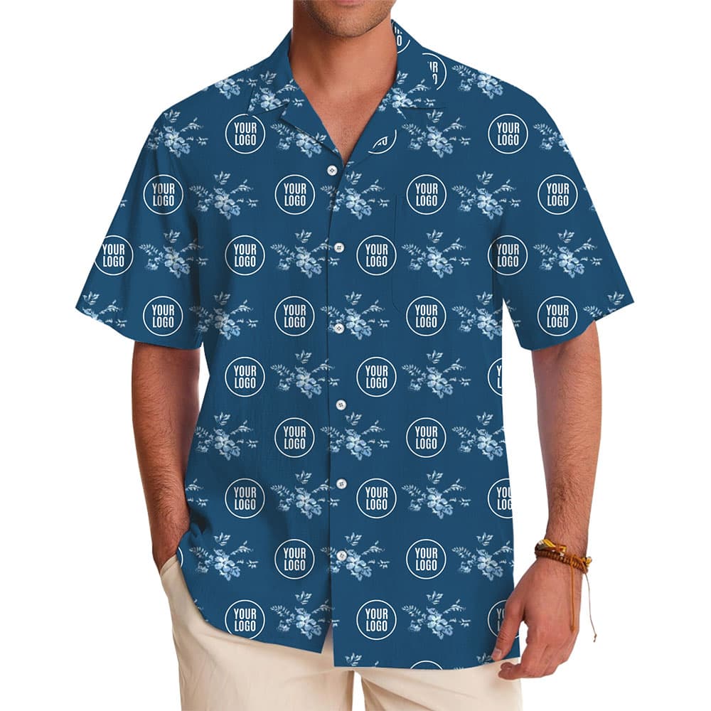 Custom Logo Navy Bloom Hawaiian Shirt
