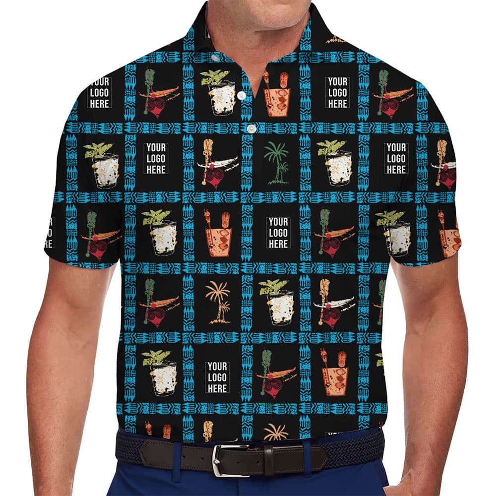 Custom Logo Polo Shirt with Fun Palm Tree and Cocktail Patterns