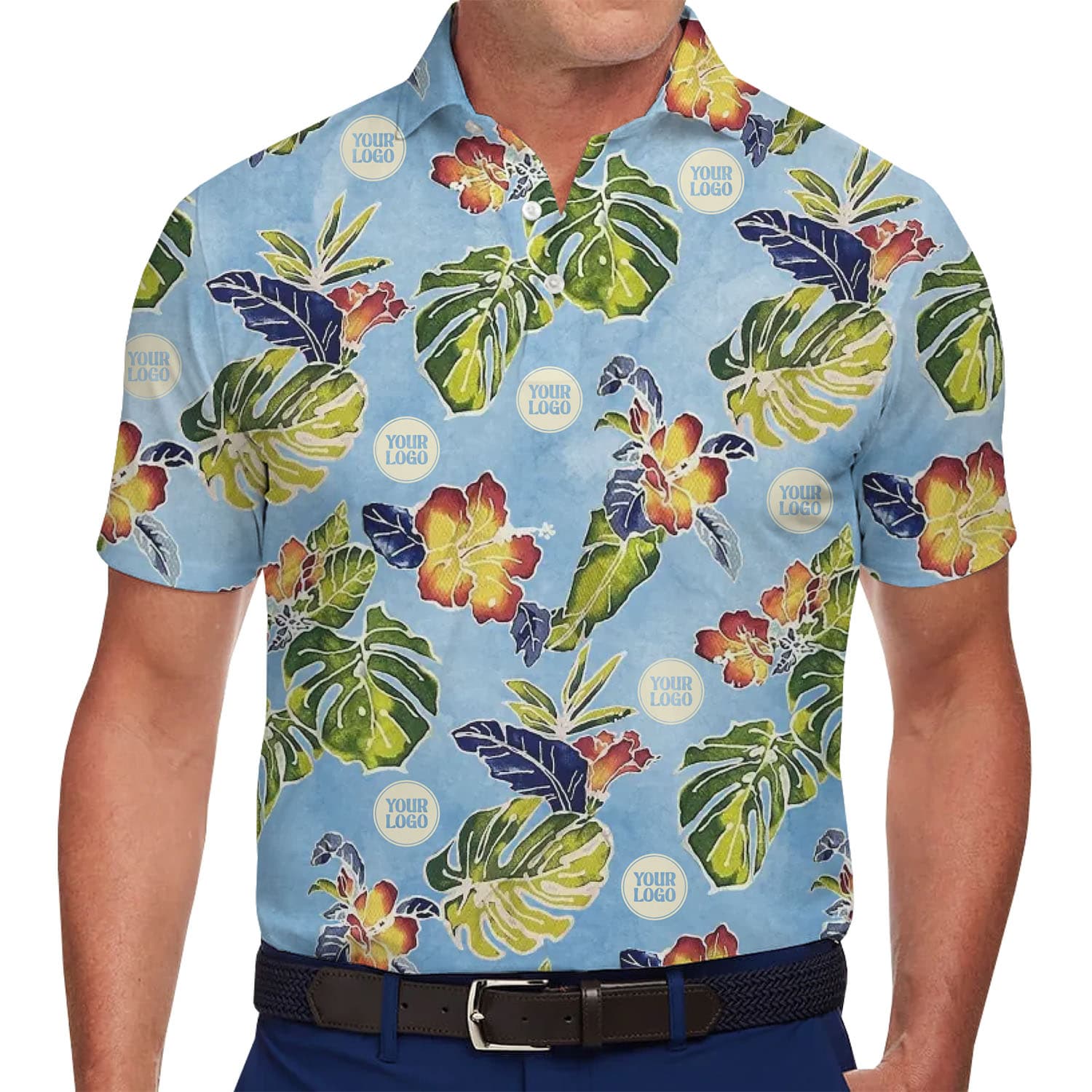 Custom Logo Watercolor Hibiscus and Monstera Leaf Polo Shirt in model