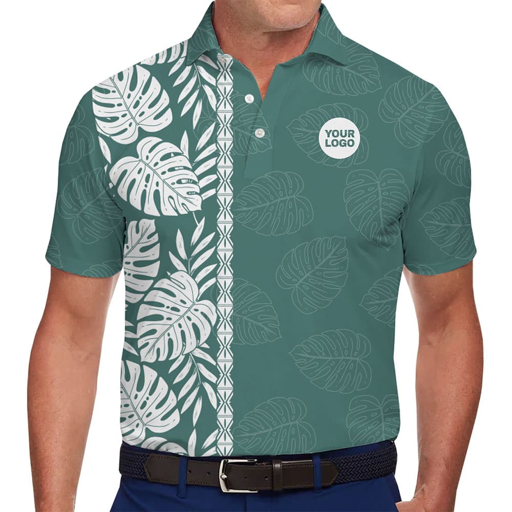 Custom Monstera Tropical Leaf Polo Shirt with Logo in model