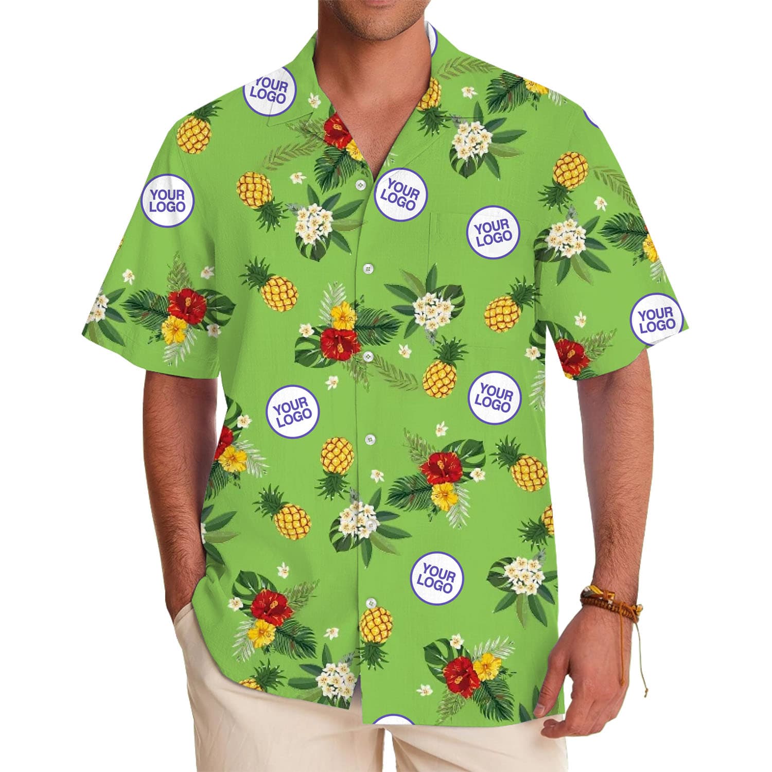 Custom Pineapple and Hibiscus Hawaiian Shirt With Logo in model