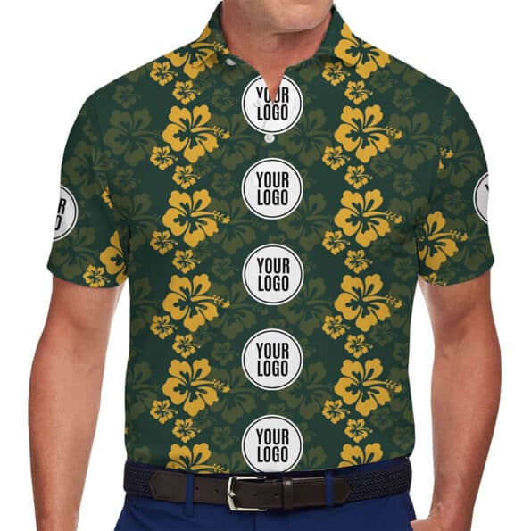 Custom Polo Shirt with Green and Yellow Hibiscus Pattern